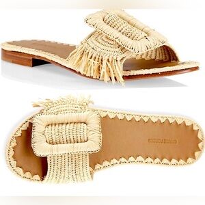 Carrie Forbes Kia Raffia Buckle Slides Luxury Handmade Sandals Tan Leather 40